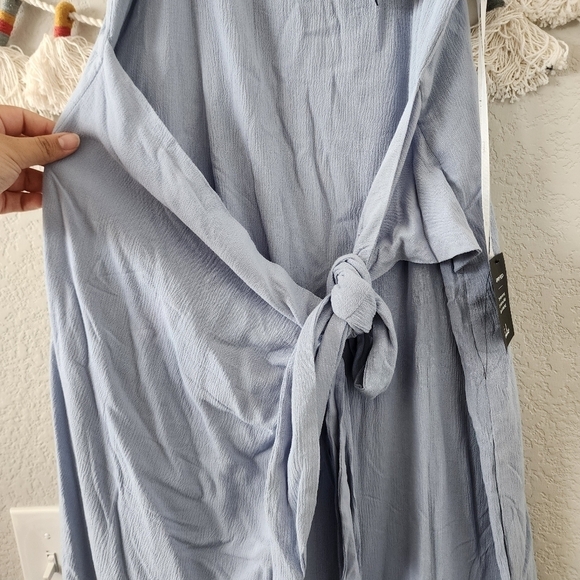 Lulus Stay Sunny Light Blue Faux Wrap Tie Midi Dress Sleeveless Overlap Skirt L - Picture 7 of 11